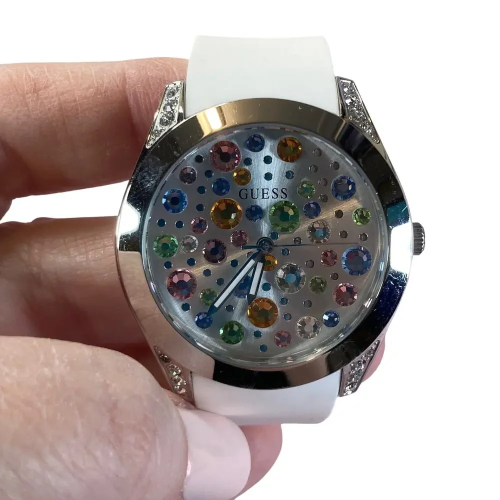 0016 Guess Wanderlust Silver Tone & Pastel Crystals w/White Silicone Strap READ